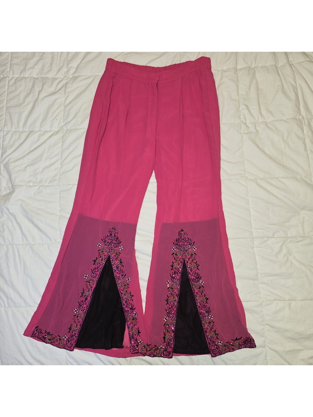 VTG Hot Pink Boho Embroidered Flare Pants Aprox Sz 10 Festival Bollywood Style